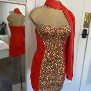 Orange Rhinestone Dress w/ matching shawl 2Pc set
